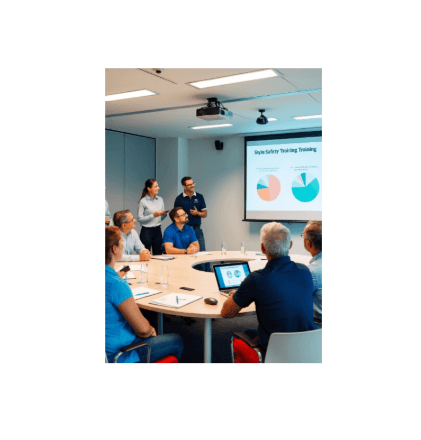 Equipe em sala de reunião acompanhando uma apresentação de treinamento de segurança