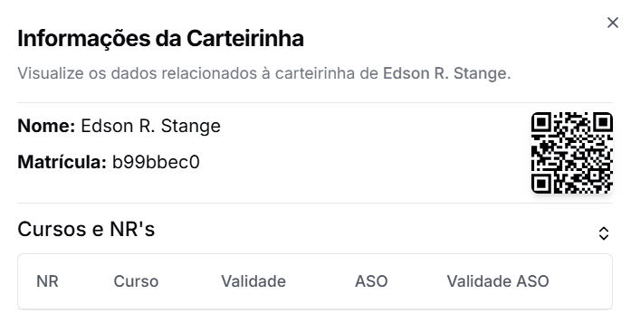 Tela Informações da Carteirinha com cursos, NRs, validade e validade do ASO