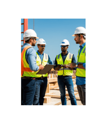 Profissionais de segurança do trabalho com capacete e colete conversando em um canteiro de obras