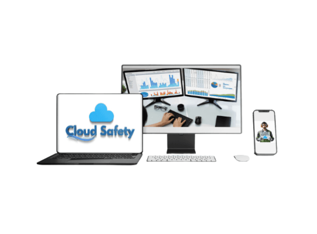 Plataforma Cloud Safety em notebook, monitor e celular